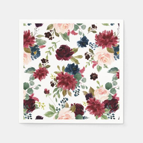 Burgundy and Navy Blue Watercolor Floral Pattern Napkins