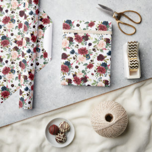 Burgundy and Navy Blue Watercolor Floral Pattern Wrapping Paper
