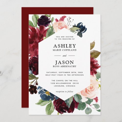 Burgundy and Navy Blue Watercolor Floral Wedding Invitation