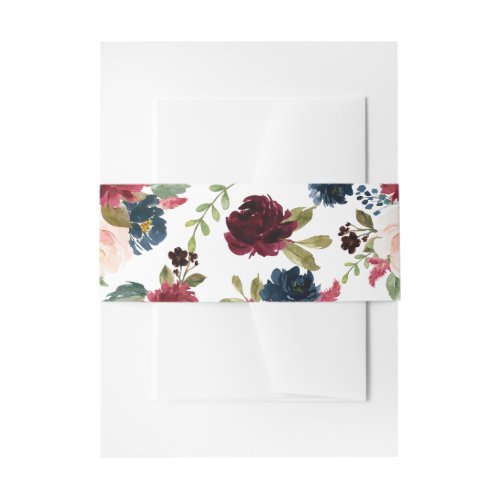 Burgundy and Navy Blue Watercolor Floral Wedding Invitation Belly Band