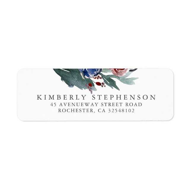 Burgundy and Navy Blue Watercolor Flowers Wedding Label (Front)