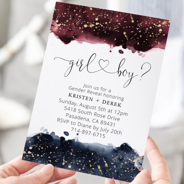 Burgundy and Navy Blue Watercolor Gender Reveal  Invitation (Creator Uploaded)