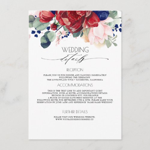 Burgundy and Navy Blue Wedding Information Guest Enclosure Card