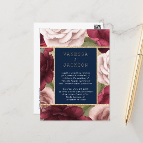 Burgundy and Navy Blue  Wedding Invitation  Postcard