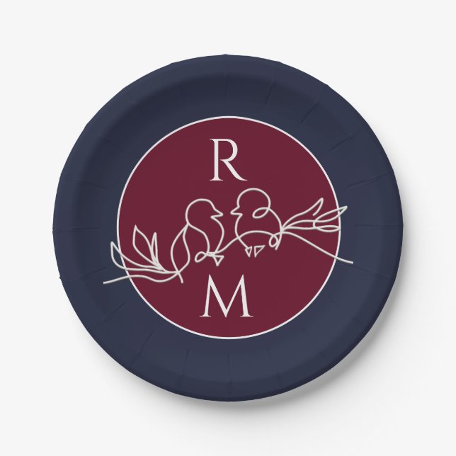 Burgundy and Navy Blue Wedding Paper Plates (Front)