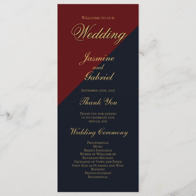 Burgundy and Navy Blue Wedding Program (Front)