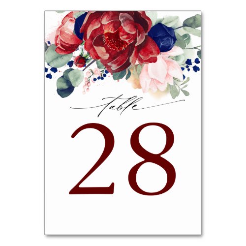 Burgundy and Navy Blue Wedding Table Number Cards