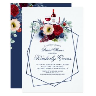 Burgundy and Navy Blue Wine Tasting Bridal Shower Invitation