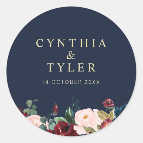 burgundy and navy blush pink floral wedding classic round sticker