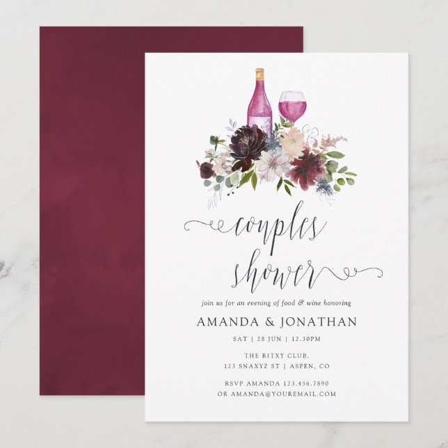 Burgundy and Navy Couples Shower Wine Tasting Invitation (Front/Back)