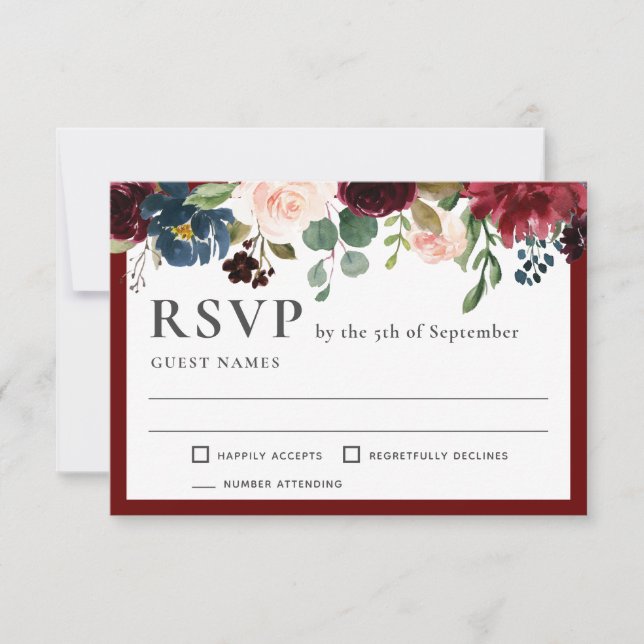 Burgundy and Navy Elegant Floral Wedding RSVP Card (Front)