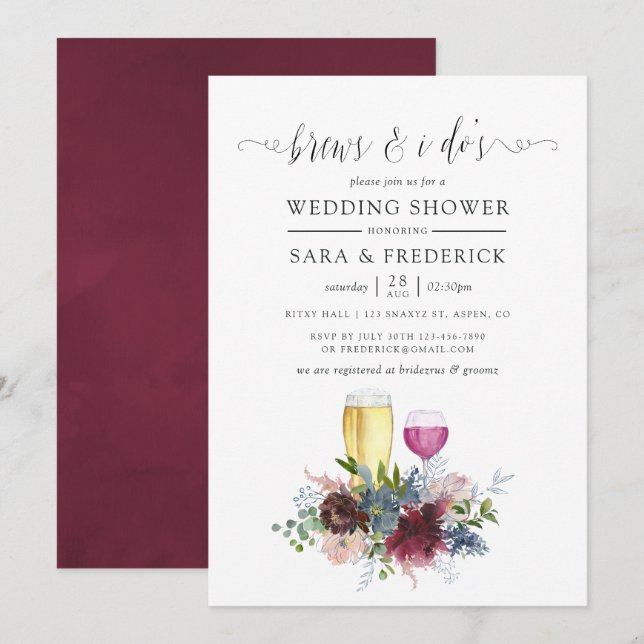 Burgundy and Navy Floral Brews Before The I Do's Invitation (Front/Back)