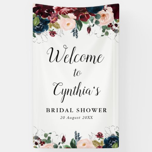 burgundy and navy floral bridal shower welcome banner