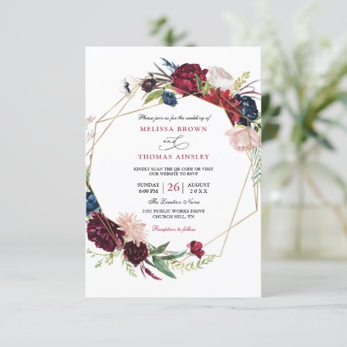 Burgundy and Navy Floral Budget QR Code Wedding Invitation