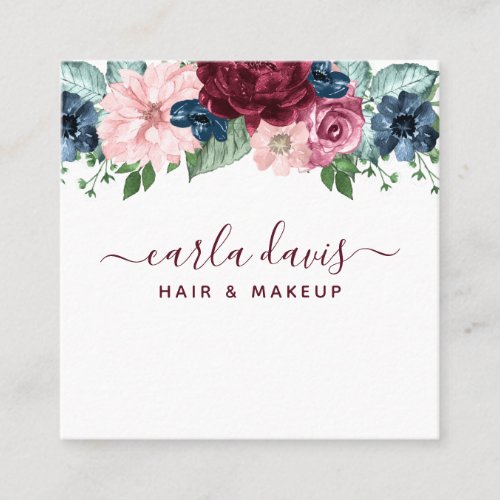 Burgundy And Navy Floral Elegant Makeup Artist Square Business Card