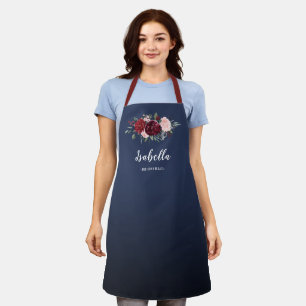 Burgundy and navy floral personalized bridesmaid apron