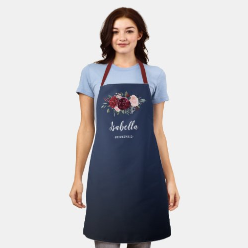 Burgundy and navy floral personalized bridesmaid apron