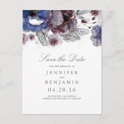 Burgundy and Navy Floral Save the Date Announcement Postcard - Watercolor flowers, burgundy and navy save the date postcards