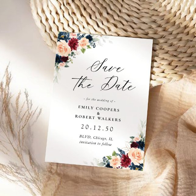 Burgundy and Navy Floral Save The Date Card (Creator Uploaded)