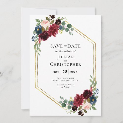 Burgundy and navy floral save the date invitation