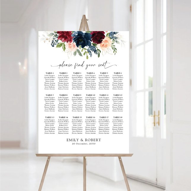 Burgundy and Navy Floral Seating Chart Foam Board  (Creator Uploaded)