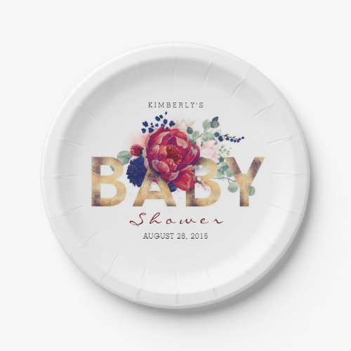 Burgundy and Navy Floral Typography Baby Shower Paper Plates