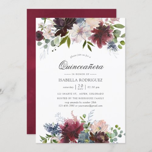 Burgundy and Navy Floral watercolor Quinceaera Invitation