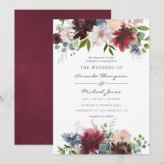 Burgundy and Navy Floral watercolor Wedding Invitation (Front/Back)