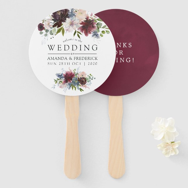 Burgundy and Navy Floral Wedding Favor Hand Fan (Front and Back)