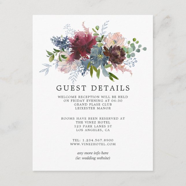 Burgundy and Navy Floral Wedding Guest Details Enclosure Card (Front)