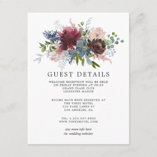 Burgundy and Navy Floral Wedding Guest Details Enclosure Card