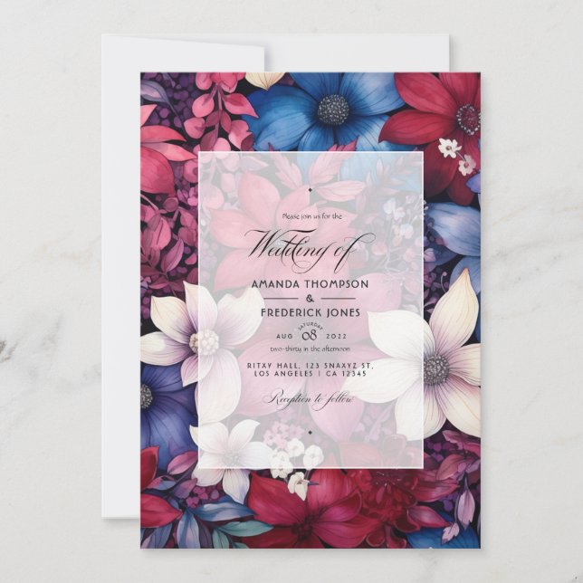  Burgundy and Navy Floral Wedding Invitation (Front)