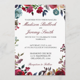 Burgundy and Navy Floral Wedding Invitation