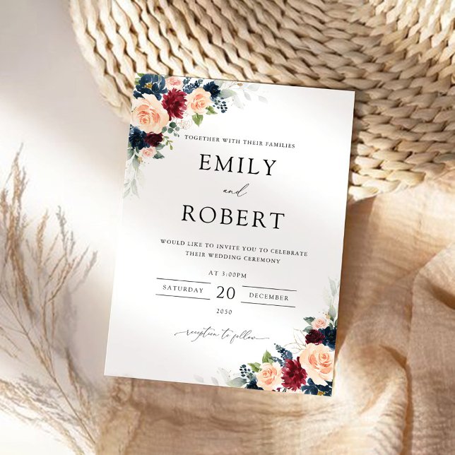Burgundy and Navy Floral Wedding Invitation (Creator Uploaded)