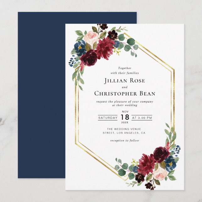 Burgundy and navy floral wedding invitation (Front/Back)