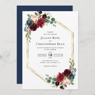Burgundy and navy floral wedding invitation