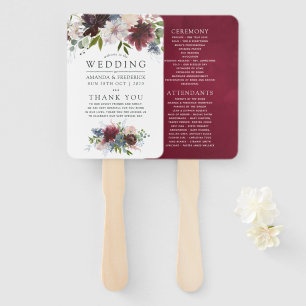 Burgundy and Navy Floral Wedding Program Hand Fan