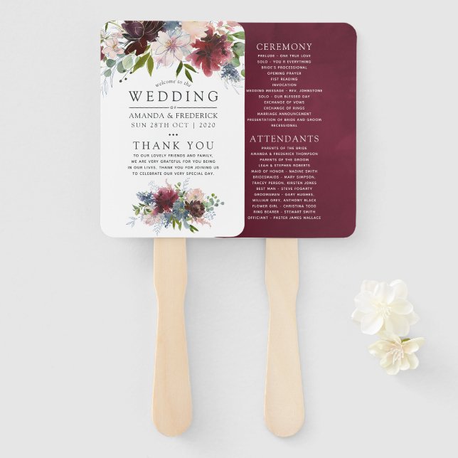 Burgundy and Navy Floral Wedding Program Hand Fan (Front and Back)
