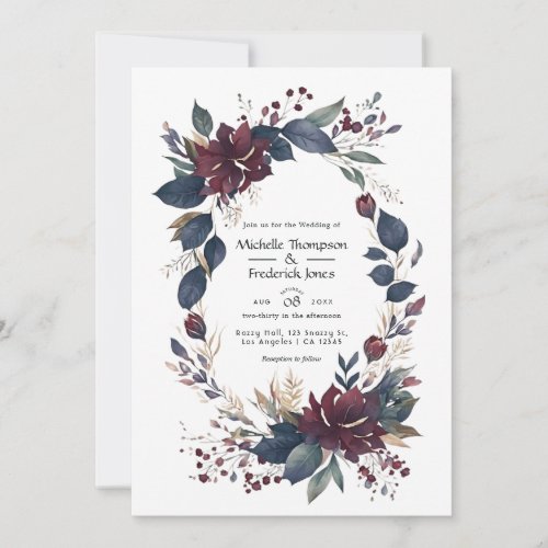 Burgundy and Navy Floral Wedding QR Code Invitatio Invitation