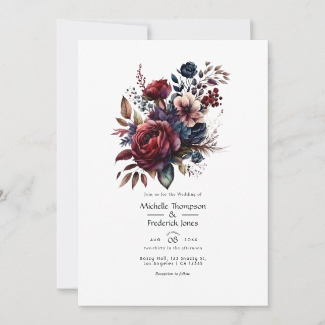 Burgundy and Navy Floral Wedding QR Code Invitatio Invitation (Front)