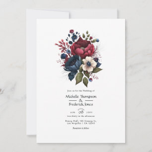 Burgundy and Navy Floral Wedding QR Code Invitation