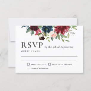 Burgundy and Navy Floral Wedding RSVP Card