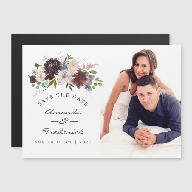 Burgundy and Navy Floral Wedding Save the Date Magnetic Invitation (Front/Back)