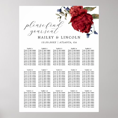 Burgundy and Navy Floral Wedding Seating Chart