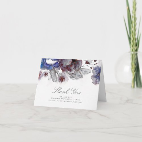 Burgundy and Navy Floral Wedding Thank You - Navy and burgundy watercolor flowers wedding thank you cards