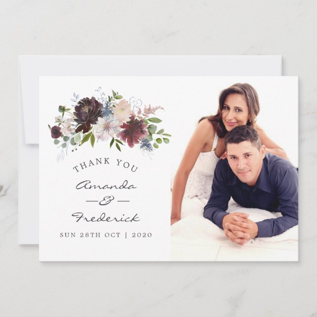 Burgundy and Navy Floral Wedding Thank You Card (Front)
