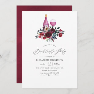 Burgundy and Navy Floral Wine Bachelorette Party Invitation