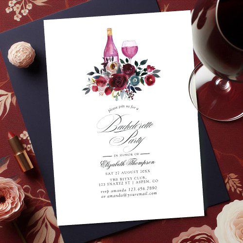 Burgundy and Navy Floral Wine Bachelorette Party Invitation