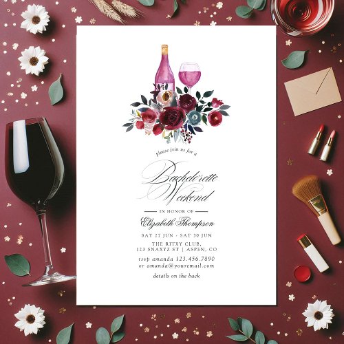 Burgundy and Navy Floral Wine Bachelorette Weekend Invitation