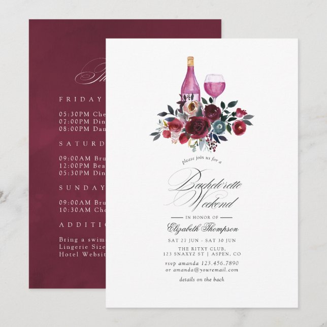 Burgundy and Navy Floral Wine Bachelorette Weekend Invitation (Front/Back)
